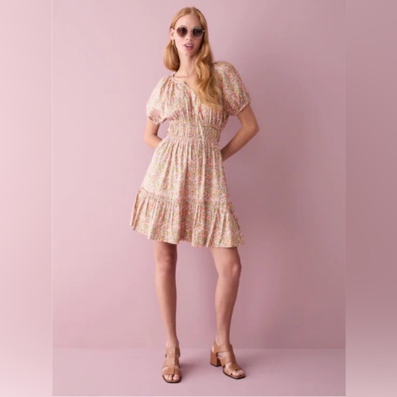 J. Crew Cinched-Waist Puff-Sleeve Tiered Mini Dress in Dainty Pastel Floral - Picture 1 of 11